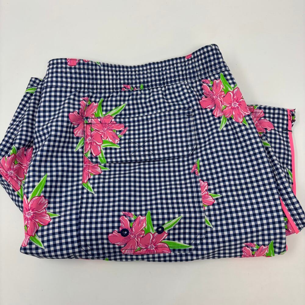 Vineyard Vines Mens XL Blue White Check Floral‎ Pattern Drawstring Swim Trunks